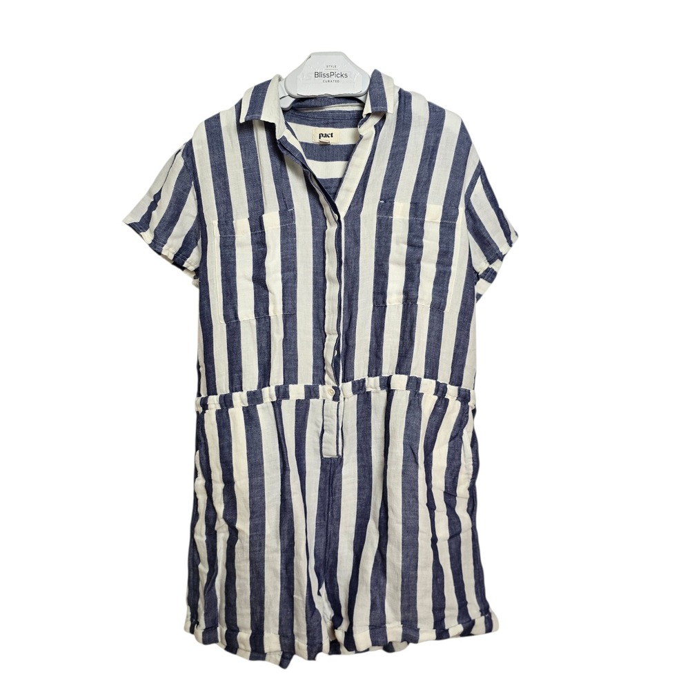 Pact Organic Hemp‎ Stripe Romper XL Navy Coastal Boho Sustainable Summer